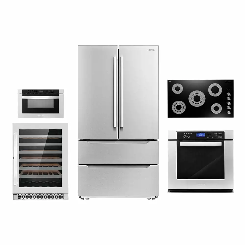 Cosmo 5 Piece Kitchen Appliance Package With 36 Electric Cooktop 24 48 Bottle Freestanding Wine Refrigerator 30 Single Electric Wall Oven 24 Built-In Microwave Drawer & French Door Refrigerator