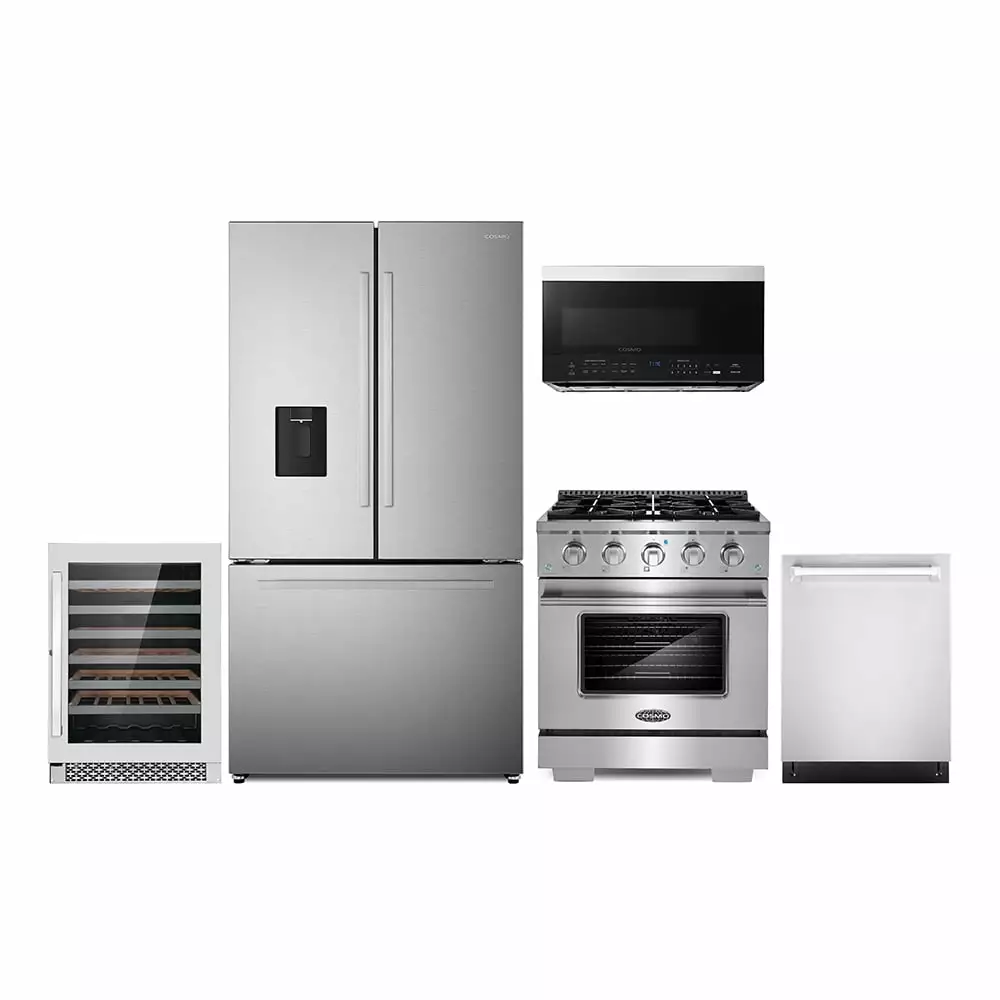 5 Piece Kitchen Package with 30 Over the Range Microwave 30 Freestanding Gas Range 24 Built-in Fully Integrated Dishwasher French Door Refrigerator & 48 Bottle Wine Refrigerator