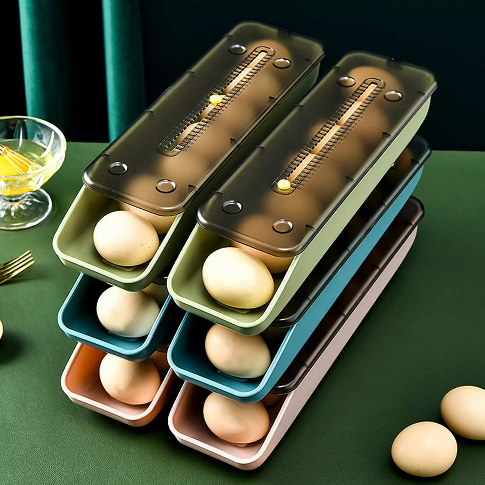 Automatic Rolling Egg Storage Box Slant Design Plastic Kitchen Containers Egg Tray for Home-leaveforme