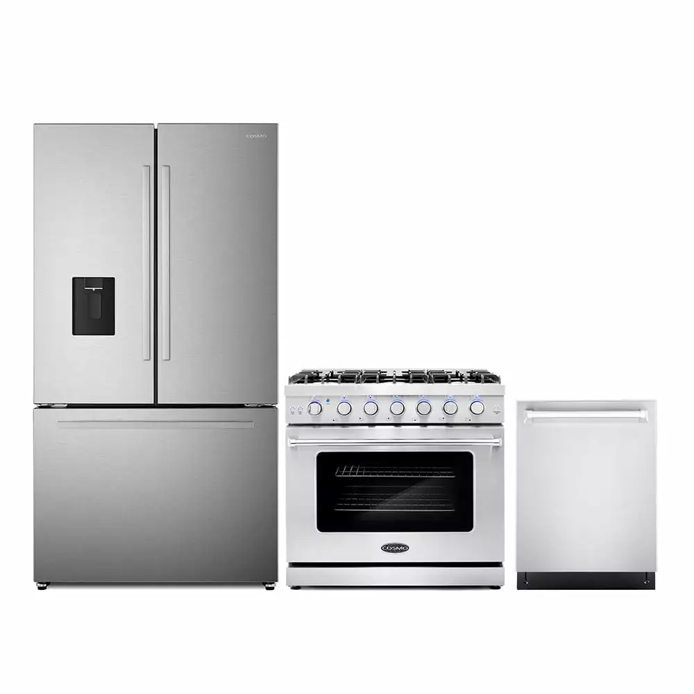 3 Piece Kitchen Package with 36 Freestanding Gas Range 24 Built-in Fully Integrated Dishwasher & French Door Refrigerator