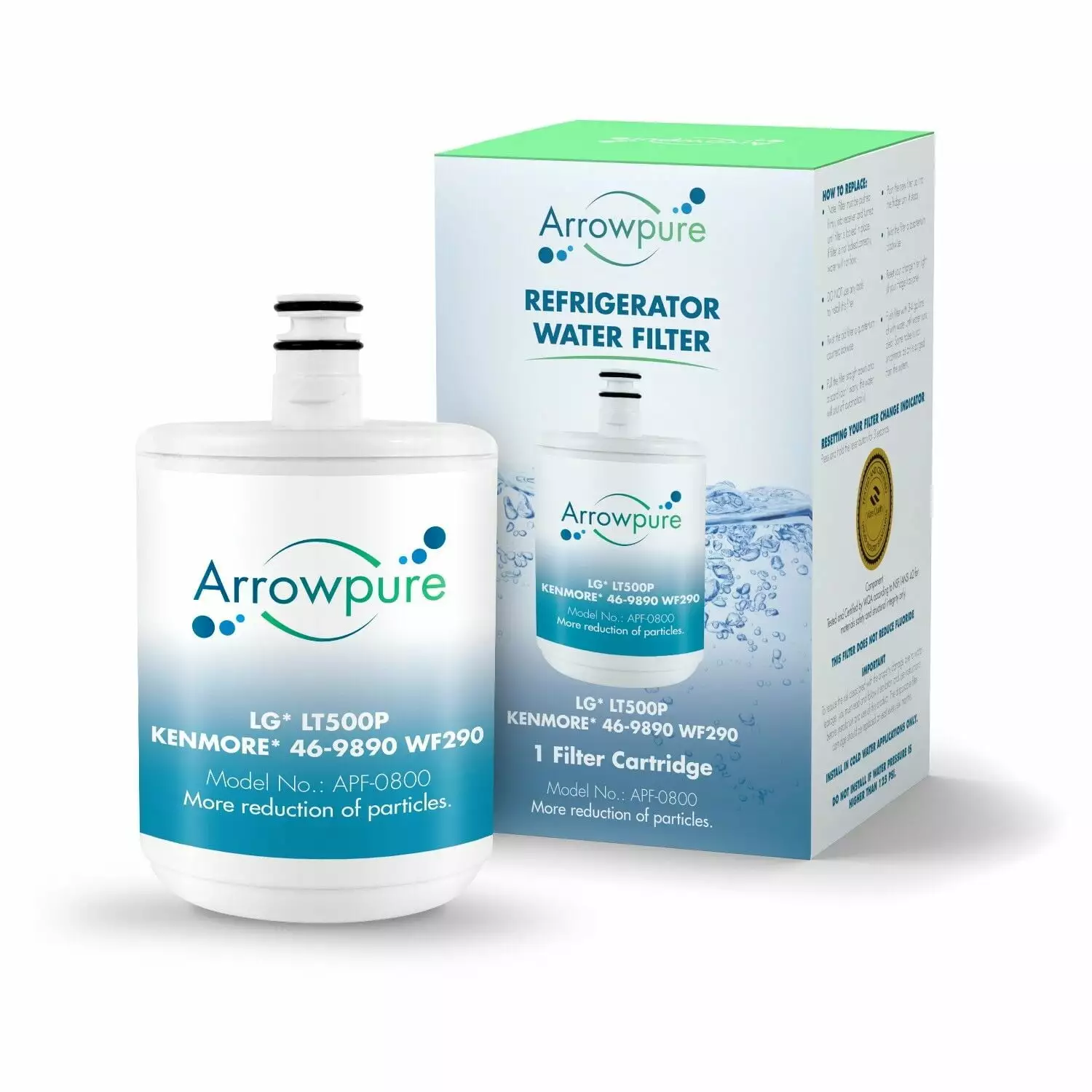 1 Pack Refrigerator Water Filter Replacement by Arrowpure | Certified According to NSF 42&372 | Compatible with LG LT500P. 5231JA2002A. ADQ72910907. ADQ72910901. Kenmore 9890. 46-9890. 46989