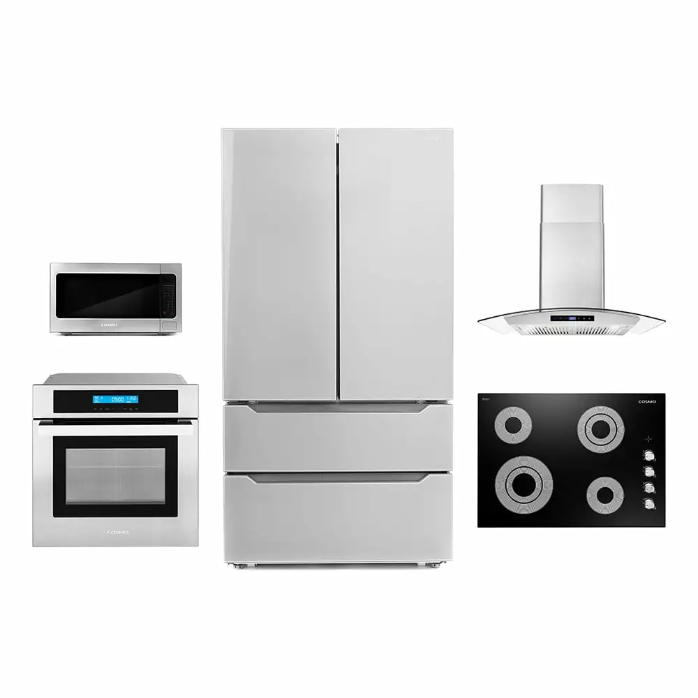 Cosmo 5 Piece Kitchen Appliance Package With 30 Electric Cooktop 30 Wall Mount Range Hood 24 Single Electric Wall Oven 24.4 Countertop Microwave & French Door Refrigerator