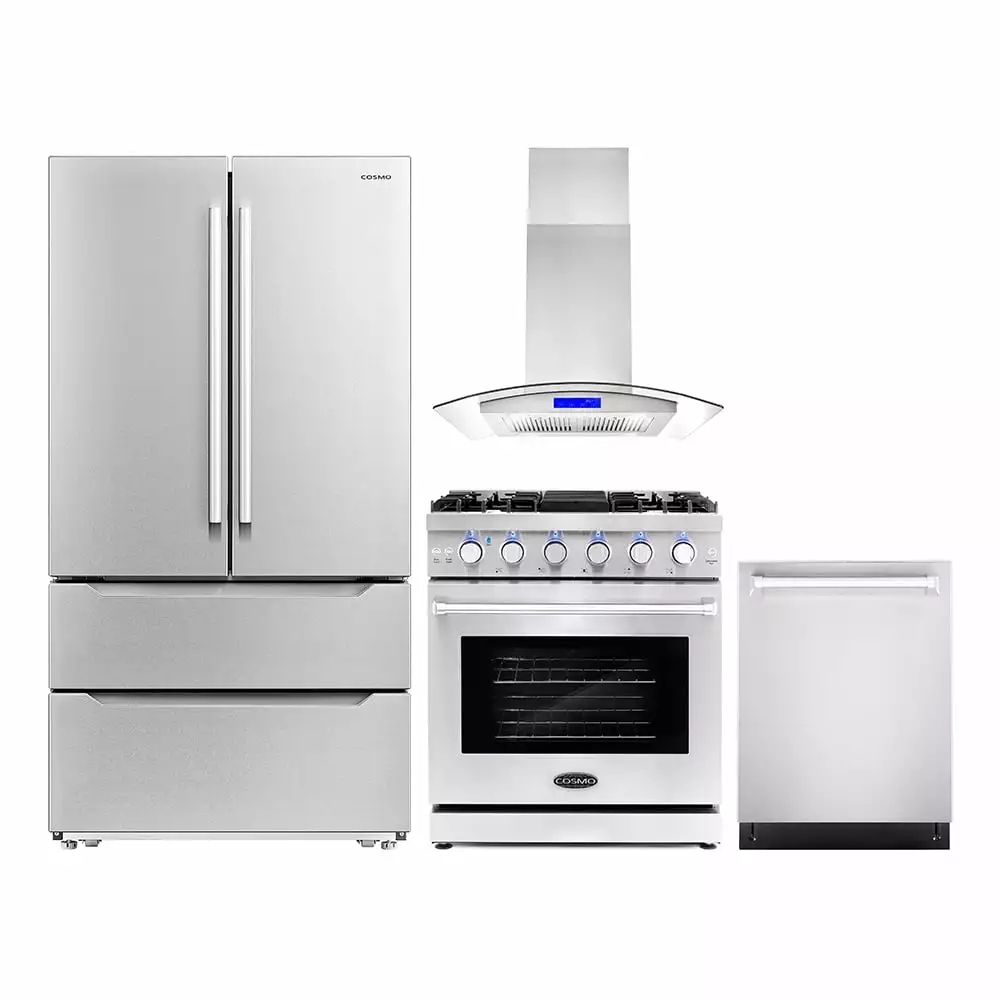 Cosmo 4 Piece Kitchen Appliance Package with 30 Freestanding Gas Range 30 Island Mount Range Hood 24 Built-in Integrated Dishwasher & French Door Refrigerator Kitchen Appliance Bundles