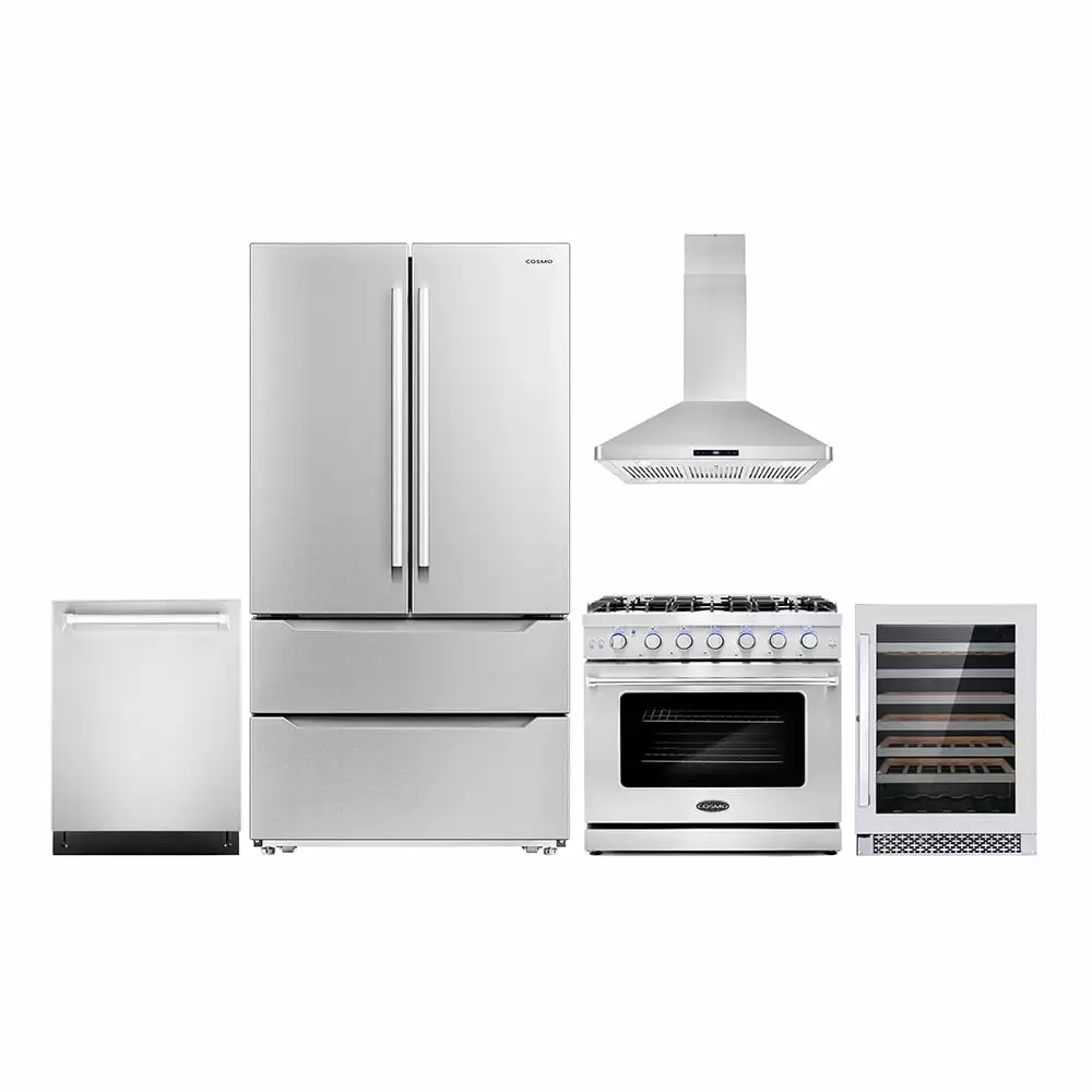 Cosmo 5 Piece Kitchen Appliance Package with 36 Freestanding Gas Range 36 Island Range Hood 24 Built-in Fully Integrated Dishwasher French Door Refrigerator & 48 Bottle Wine Refrigerator