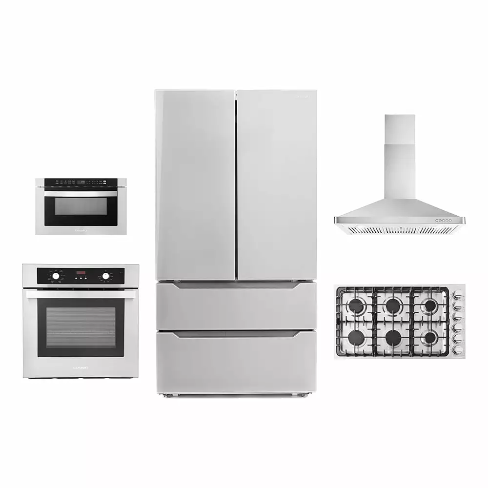 5 Piece Kitchen Package With 36 Gas Cooktop 36 Wall Mount Range Hood 24 Single Electric Wall Oven 24 Built-In Microwave Drawer & French Door Refrigerator