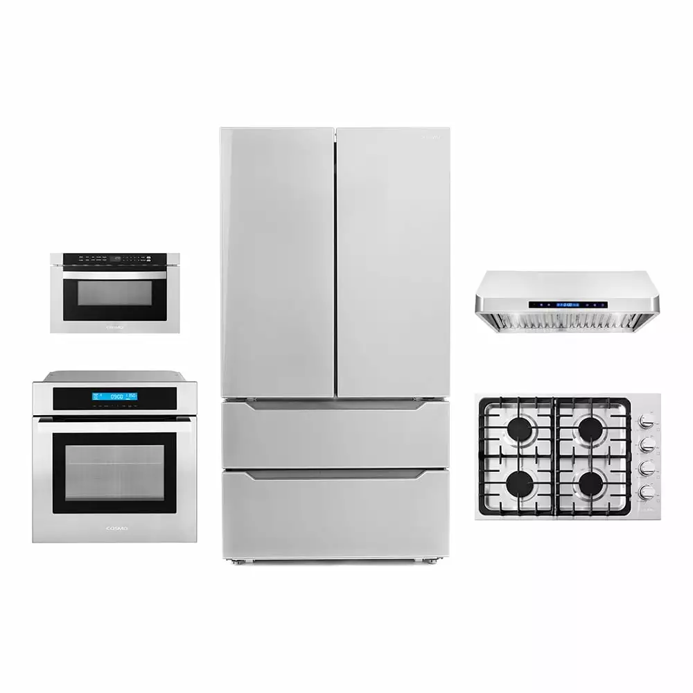 5 Piece Kitchen Package With 36 Gas Cooktop 36 Under Cabinet Range Hood 24 Single Electric Wall Oven 24 Built-In Microwave Drawer & French Door Refrigerator