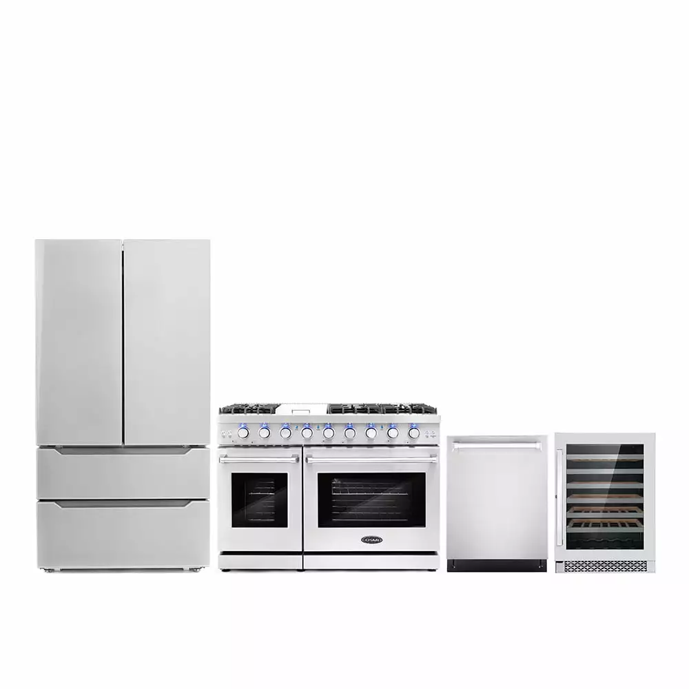 Cosmo 4 Piece Kitchen Appliance Packages with 48 Freestanding Gas Range 24 Built-in Integrated French Door Refrigerator & 48 Bottle Freestanding Wine Refrigerator Kitchen Appliance Bundles