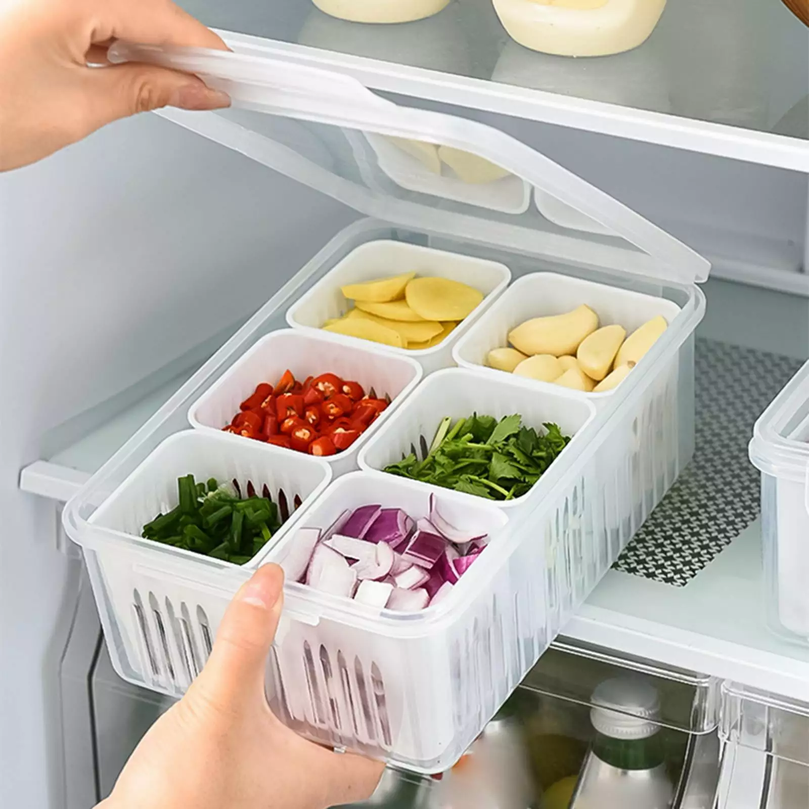 6 Grid Food Storage Organizer Transparent Refrigerator Bins Multipurpose Seasoning Storage Box for Cabinets Fridge Shelves Refrigerator Desk