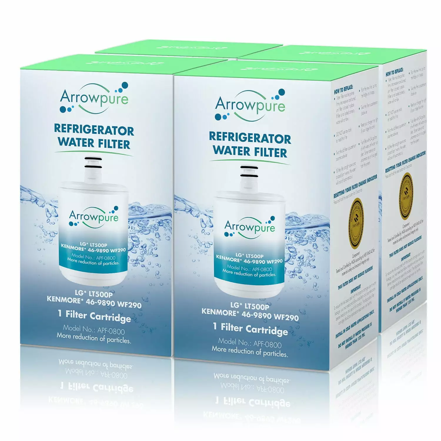 4 Pack Refrigerator Water Filter Replacement by Arrowpure | Certified According to NSF 42&372 | Compatible with LG LT500P. 5231JA2002A. ADQ72910907. ADQ72910901. Kenmore 9890. 46-9890. 46989