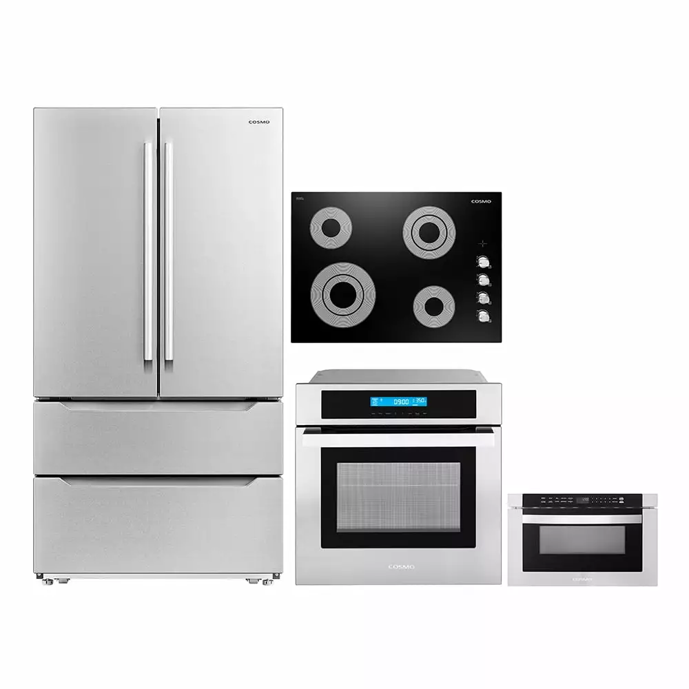 Cosmo 4 Piece Kitchen Appliance Package 30 Electric Cooktop 24 Single Electric Wall Oven 24 Built-In Microwave Drawer & French Door Refrigerator Kitchen Appliance Bundles