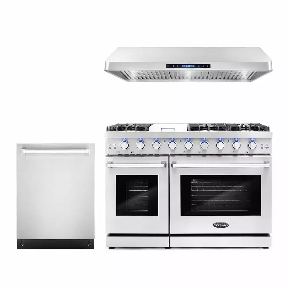 Cosmo 3 Piece Kitchen Appliance Packages with 48 Freestanding Gas Range Kitchen Stove 48 Under Cabinet Hood & 24 Built-in Fully Integrated Dishwasher Kitchen Appliance Bundles