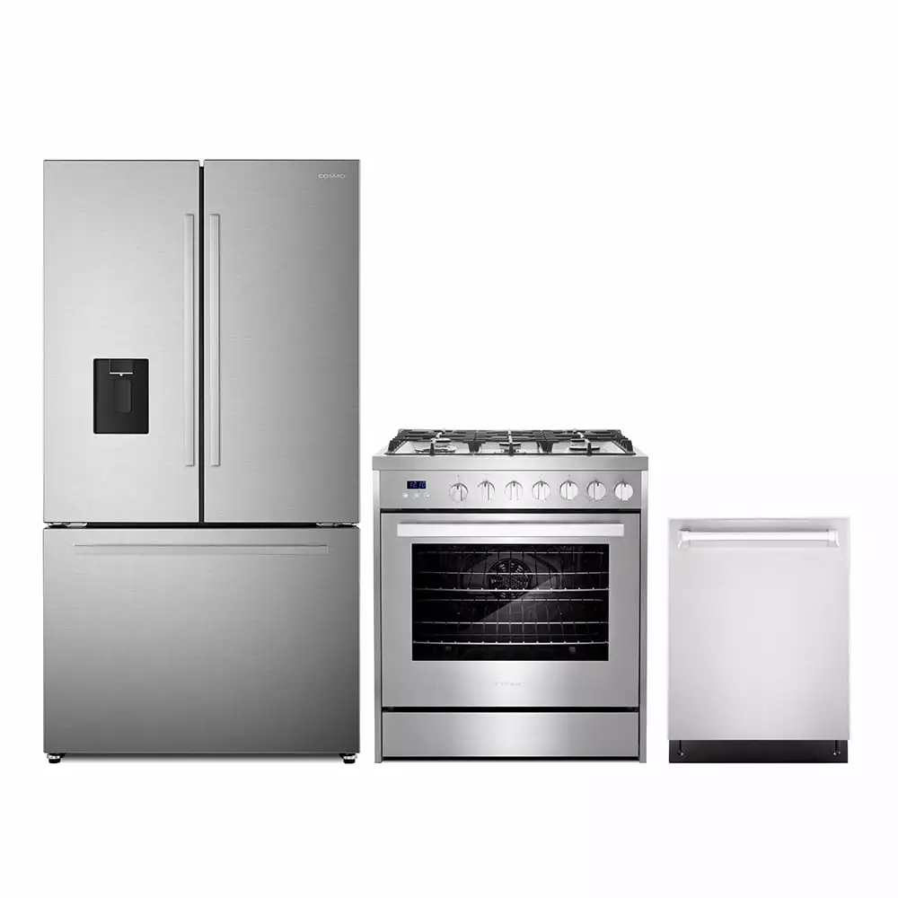 3 Piece Kitchen Package with 30 Freestanding Gas Range 24 Built-in Fully Integrated Dishwasher 36 French Door Refrigerator