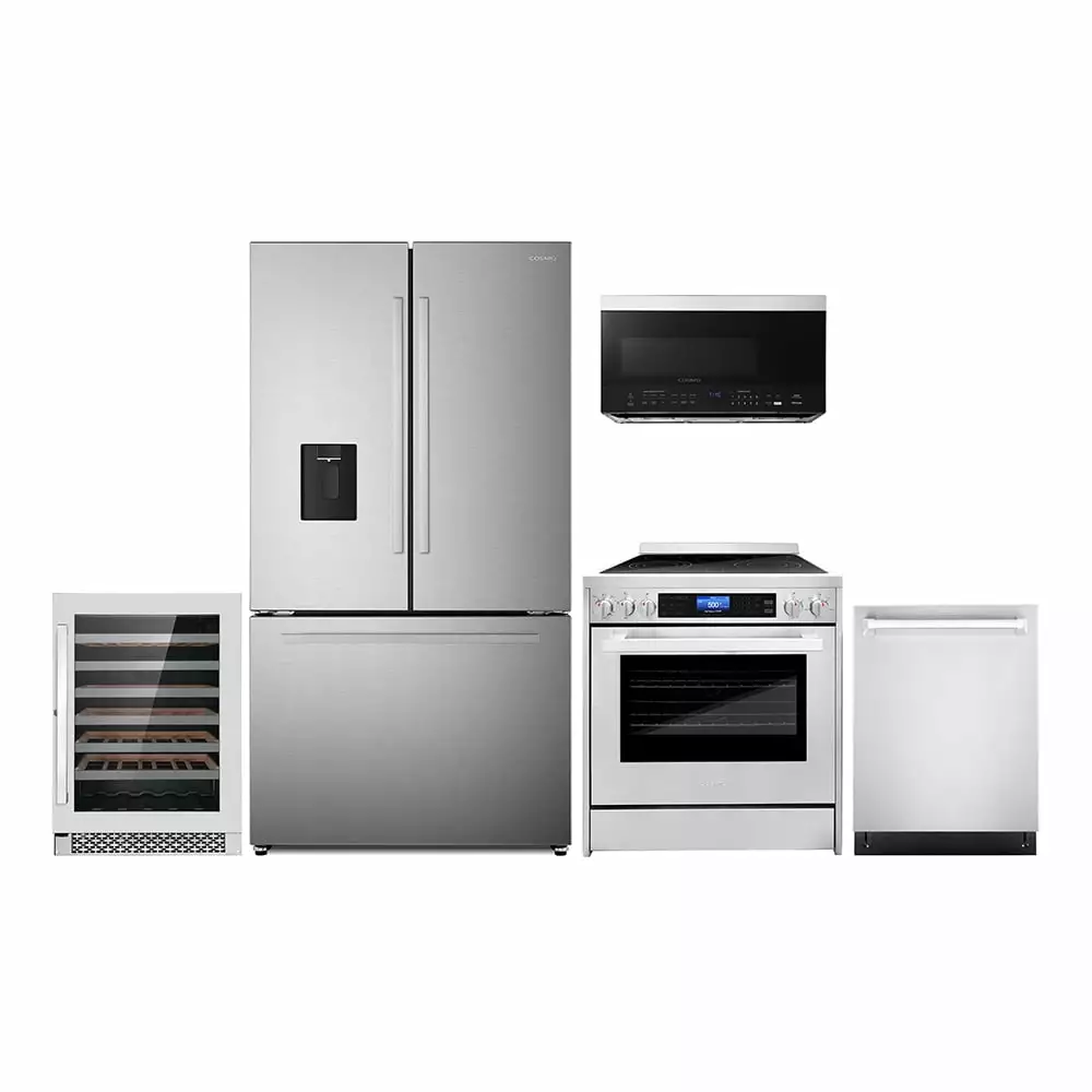 5 Piece Kitchen Package with 30 Over the Range Microwave 30 Freestanding Electric Range 24 Built-in Fully Integrated Dishwasher French Door Refrigerator & 48 Bottle Wine Refrigerator