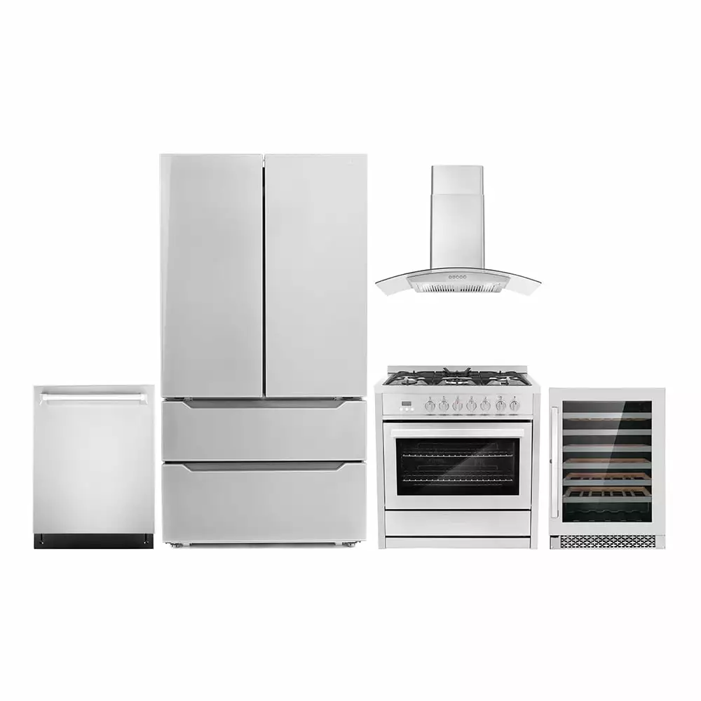 Cosmo 5 Piece Kitchen Appliance Packages with 36 220/240V Dual Fuel Range 36 Wall Mount Range Hood 24 Built-in Fully Integrated Dishwasher French Door Refrigerator & 48 Bottle Wine Refrigerator