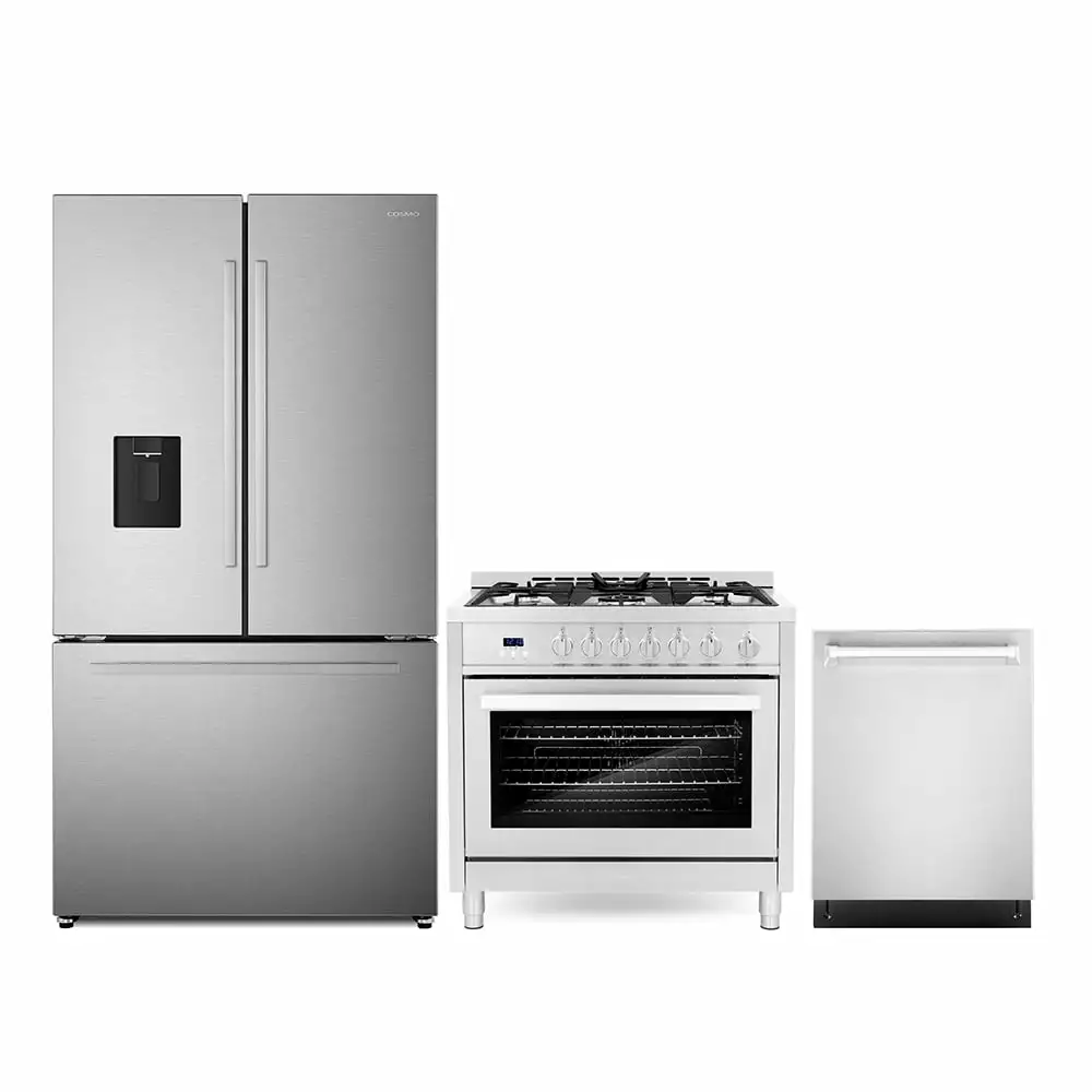 3 Piece Kitchen Package with 30 Freestanding Gas Range 24 Built-in Fully Integrated Dishwasher & French Door Refrigerator