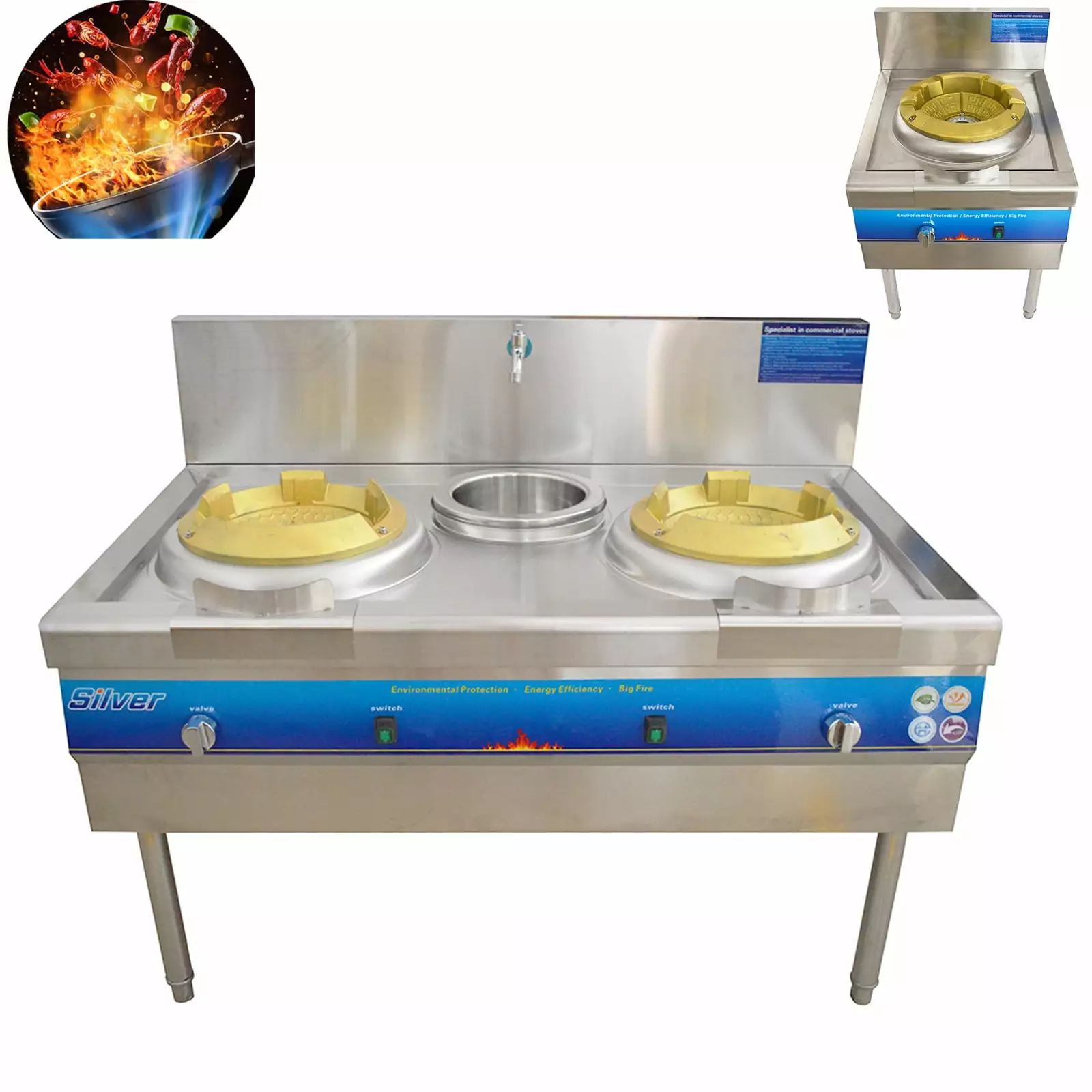 INTBUYING Commercial Gas LPG Wok Range Vertical Fierce Fire Stove Stainless Steel (2 Burners)