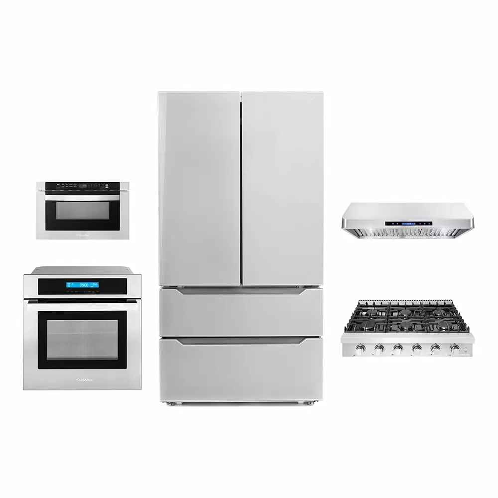 5 Piece Kitchen Package With 36 Slide-In Gas Cooktop 36 Under Cabinet Range Hood 30 Single Electric Wall Oven 24 Built-In Microwave Drawer & French Door Refrigerator