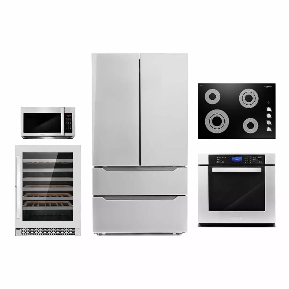 Cosmo 5 Piece Kitchen Appliance Package With 36 Electric Cooktop 36 Wall Mount Range Hood 30 Single Electric Wall Oven 30 Over-the-range Microwave & French Door Refrigerator