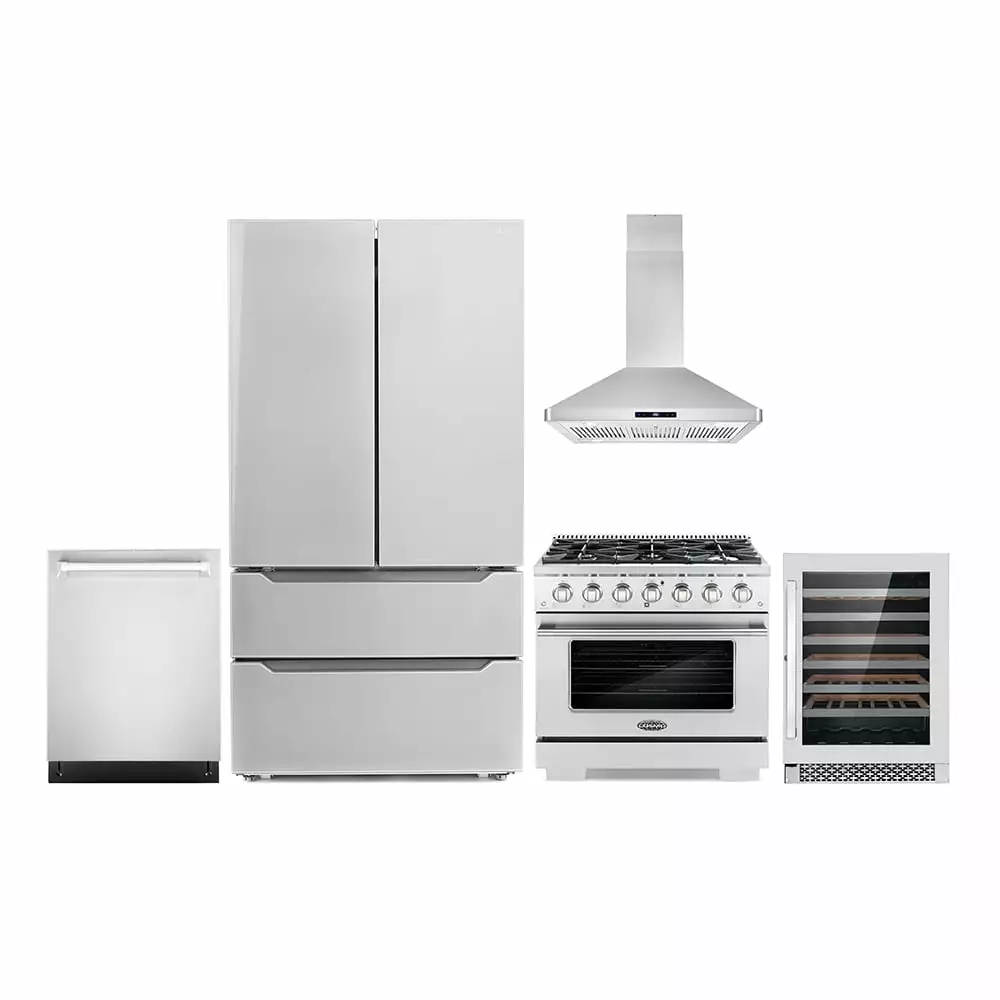 5 Piece Kitchen Package with 36 Freestanding Gas Range 36 Island Range Hood 24 Built-in Fully Integrated Dishwasher Energy Star French Door Refrigerator & 48 Bottle Wine Refrigerator