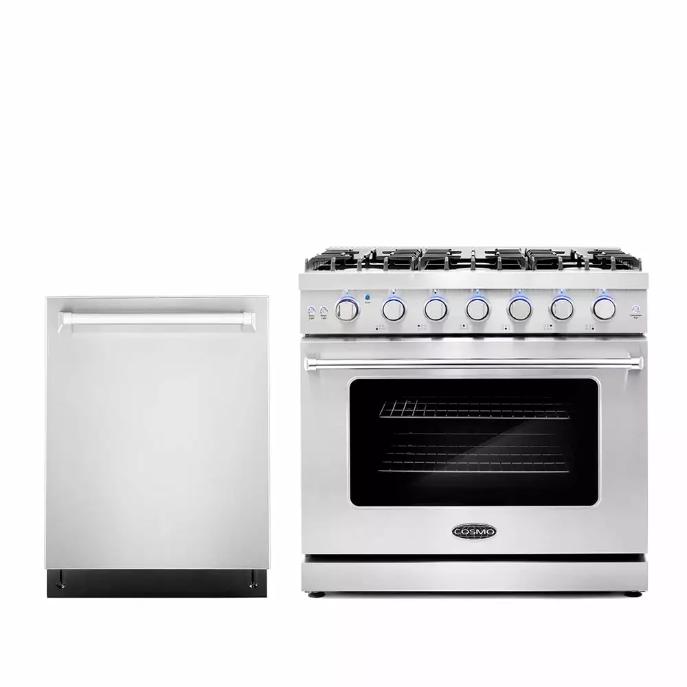 Cosmo 2 Piece Kitchen Appliance Package with 36 Freestanding Gas Range Kitchen Stove & 24 Built-in Fully Integrated Dishwasher Kitchen Appliance Bundles