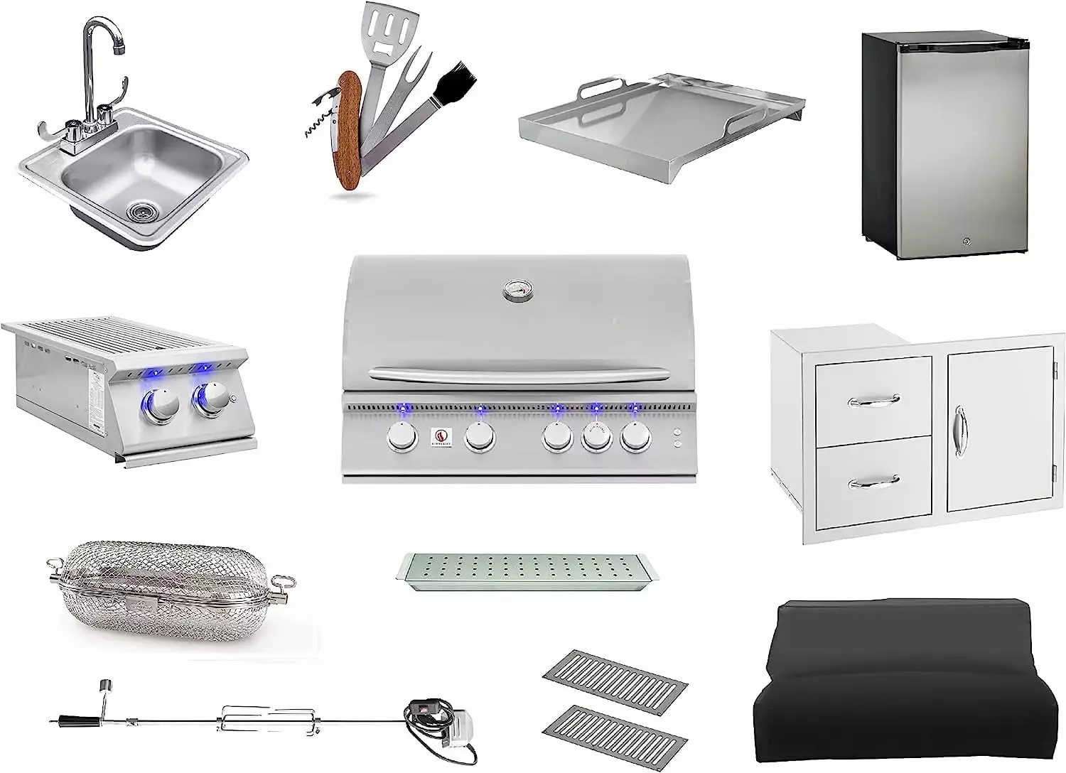 Package of Summerset Sizzler Pro 32 Built-in Grill | Sizzler Pro Double Side Burner | 2-Drawers & Access Door Combo | Drop-in Sink & Hot/Cold Faucet | Refrigerator | (Natural Gas. Package-1)