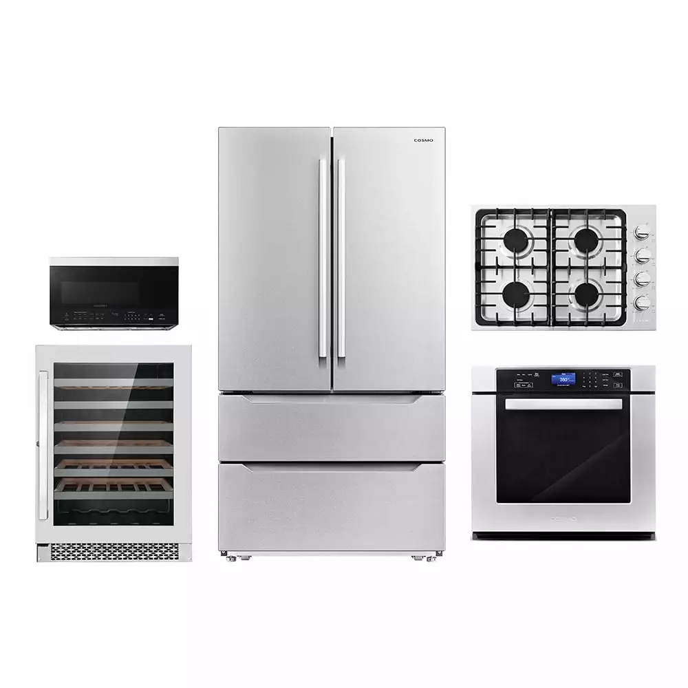 5 Piece Kitchen Package With 30 Gas Cooktop 36 Island Range Hoood 30 Single Electric Wall Oven 30 Over-the-range Microwave & French Door Refrigerator