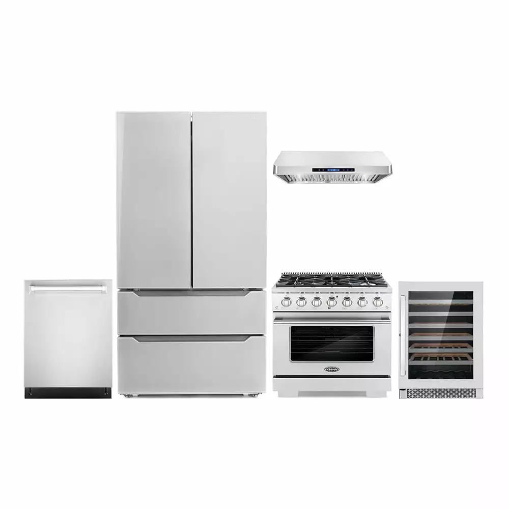 Cosmo 5 Piece Kitchen Appliance Packages with 36 Freestanding Gas Range 36 Under Cabinet Range Hood 24 Built-in Fully Integrated Dishwasher French Door Refrigerator & 48 Bottle Wine Refrigerator