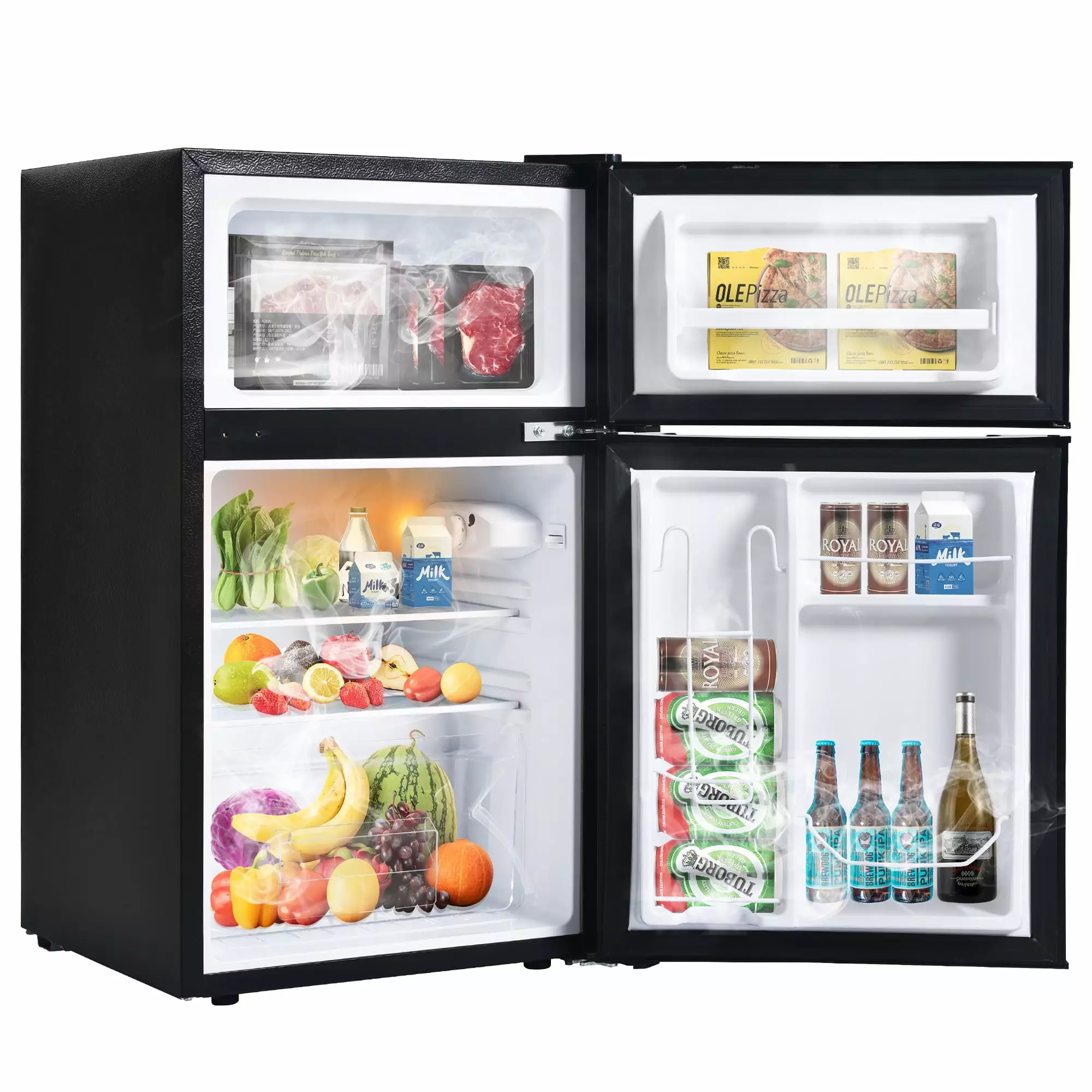 YMHML 3.2 Cu.ft Two Door Mini Fridge With Freezer for Bedroom Office or Dorm.Mini Refrigerator W/Reversible Door&7-Level Thermostat Control.Black