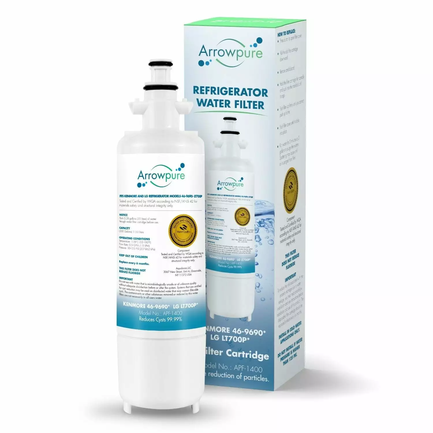 1 Pack Refrigerator Water Filter Replacement by Arrowpure | Certified According to NSF 42&372 | Compatible with LG LT700P. ADQ36006101. Kenmore 46-9690