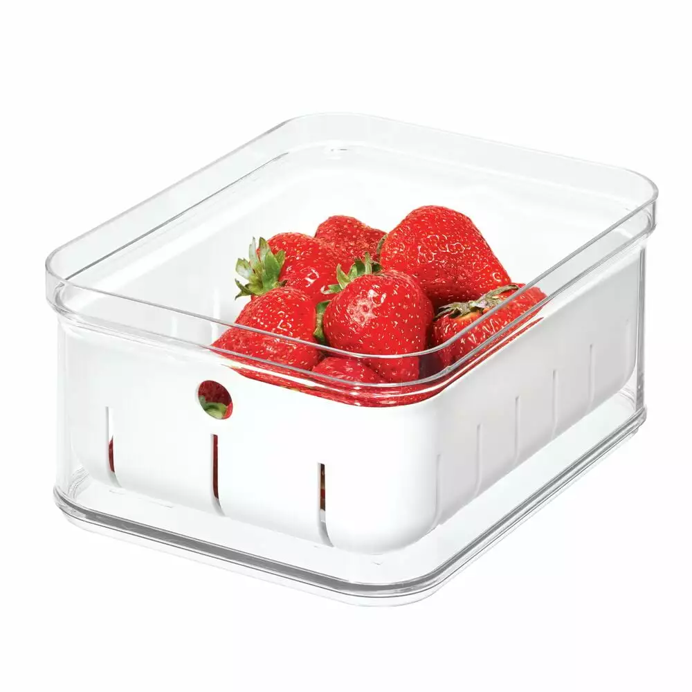 iDesign Stackable Refrigerator and Pantry Berry Crisp Bin. BPA-Free Plastic. Clear and White