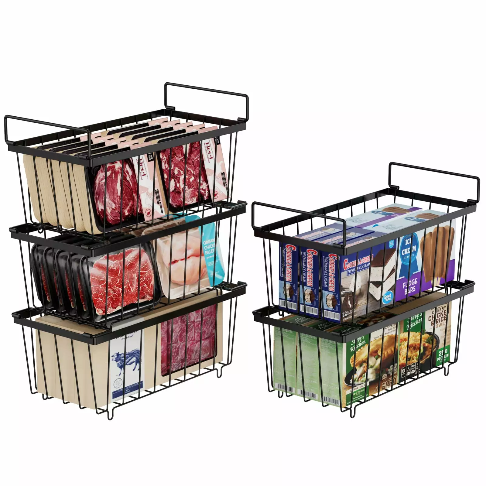 iSPECLE Chest Freezer Baskets - 5 Pack Wire Storage Baskets for 7 Cu.FT Deep Freezer Stackable Freezer Organizer Bins with Fold-down Handles Easy to Remove. Black